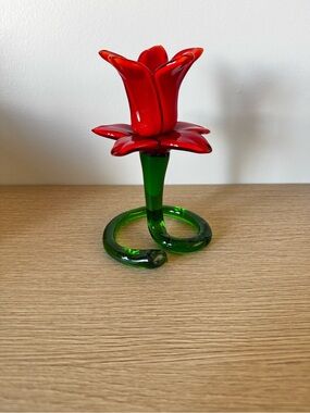 Red Glass Flower Sculpture or Candle Holder with Green Stem